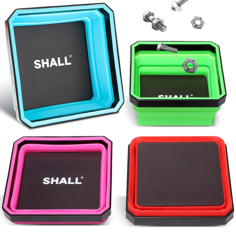 SHALL New Version Collapsible Magnetic Parts Tray Set 4Pack Magnetic Tool Trays for Screw Bolts Nuts Washers Pins Small Metal Parts 45 Square Silicone Foldable Bowls wDualSided Magnetic Base