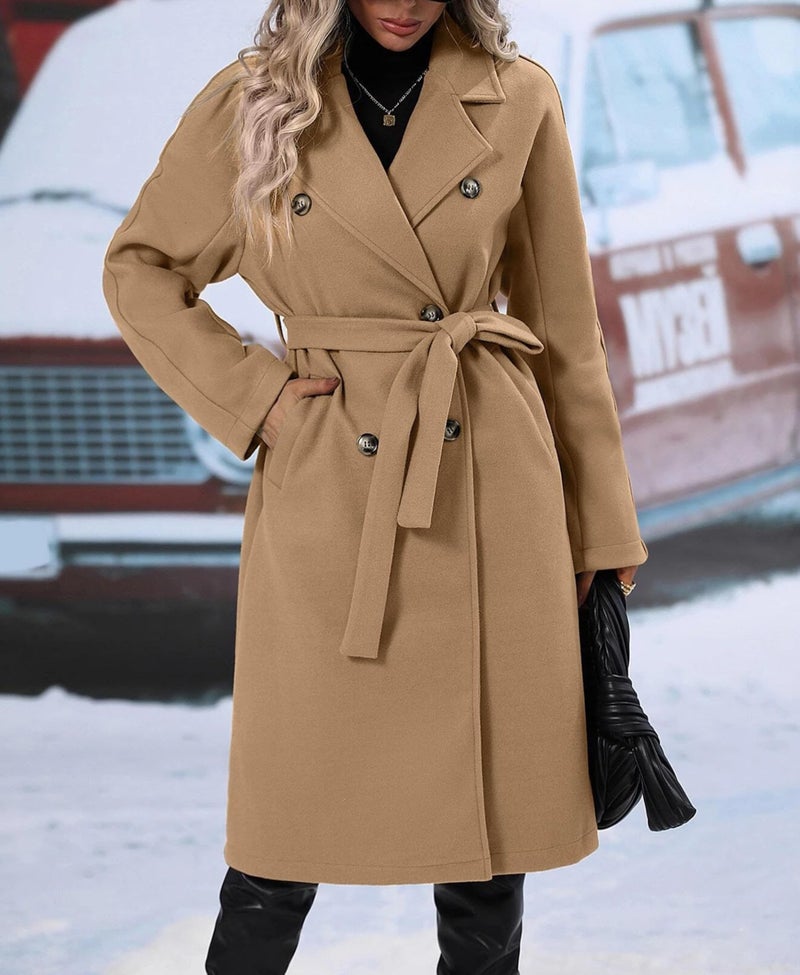 OPCAKM Women's Winter Wool Blend Pea Coat Double Breasted Notch Lapel Long Trench Coat(Khaki-M) - Image 2