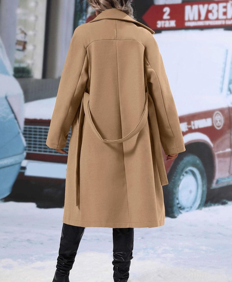 OPCAKM Women's Winter Wool Blend Pea Coat Double Breasted Notch Lapel Long Trench Coat(Khaki-M) - Image 4