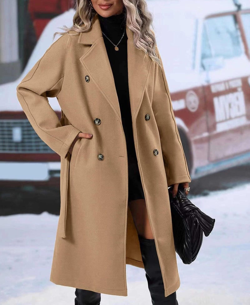 OPCAKM Women's Winter Wool Blend Pea Coat Double Breasted Notch Lapel Long Trench Coat(Khaki-M) - Image 3