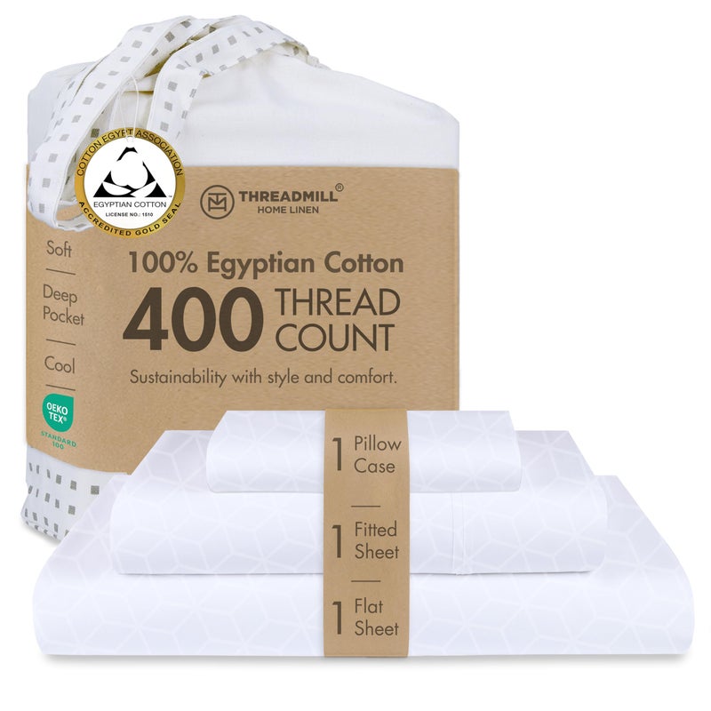 Threadmill Egyptian Cotton Twin XL Sheet Set 100 Certified Egyptian Cotton Sheets for Twin XL Size Bed Damask Jacquard Twin XL Bed Sheets Deep Pocket Soft Hotel 3 Pc Cooling Sheet Set White
