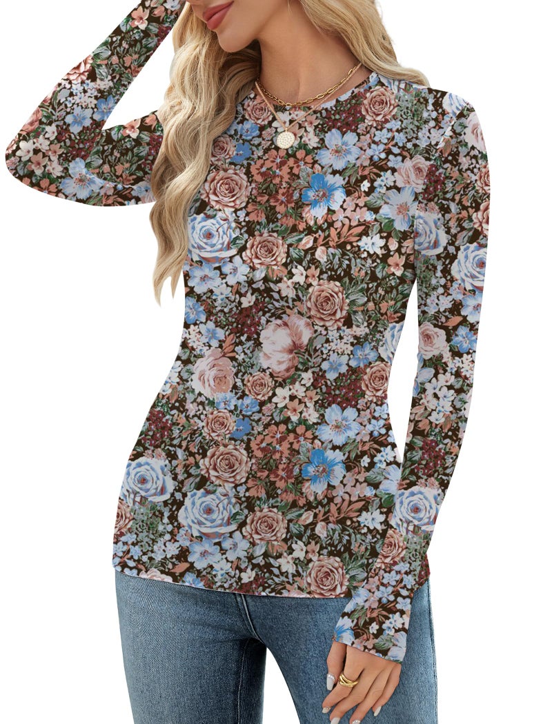 OFEEFAN Mesh Long Sleeve Tops for Women Sheer Undershirt Sexy Tops Slim Fitted Lace Shirts Trendy Crewneck Elegant Blouses Outfits Floral Print M - Image 2
