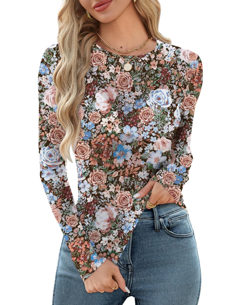 OFEEFAN Mesh Long Sleeve Tops for Women Sheer Undershirt Sexy Tops Slim Fitted Lace Shirts Trendy Crewneck Elegant Blouses Outfits Floral Print M - Image 1
