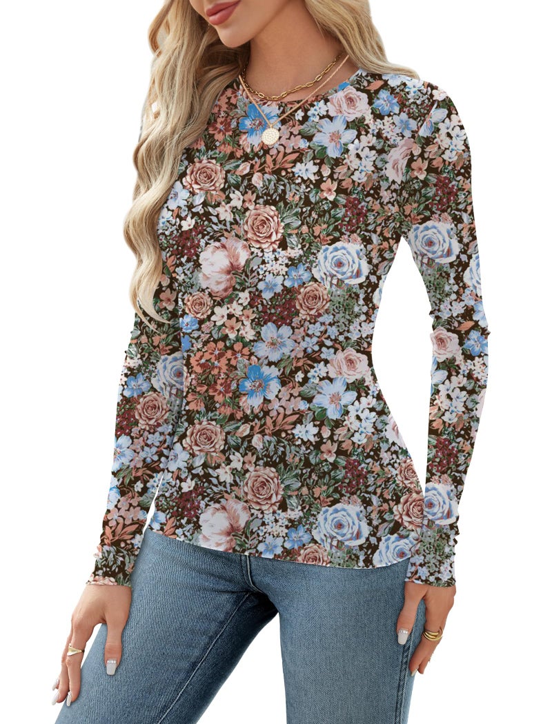 OFEEFAN Mesh Long Sleeve Tops for Women Sheer Undershirt Sexy Tops Slim Fitted Lace Shirts Trendy Crewneck Elegant Blouses Outfits Floral Print M - Image 3