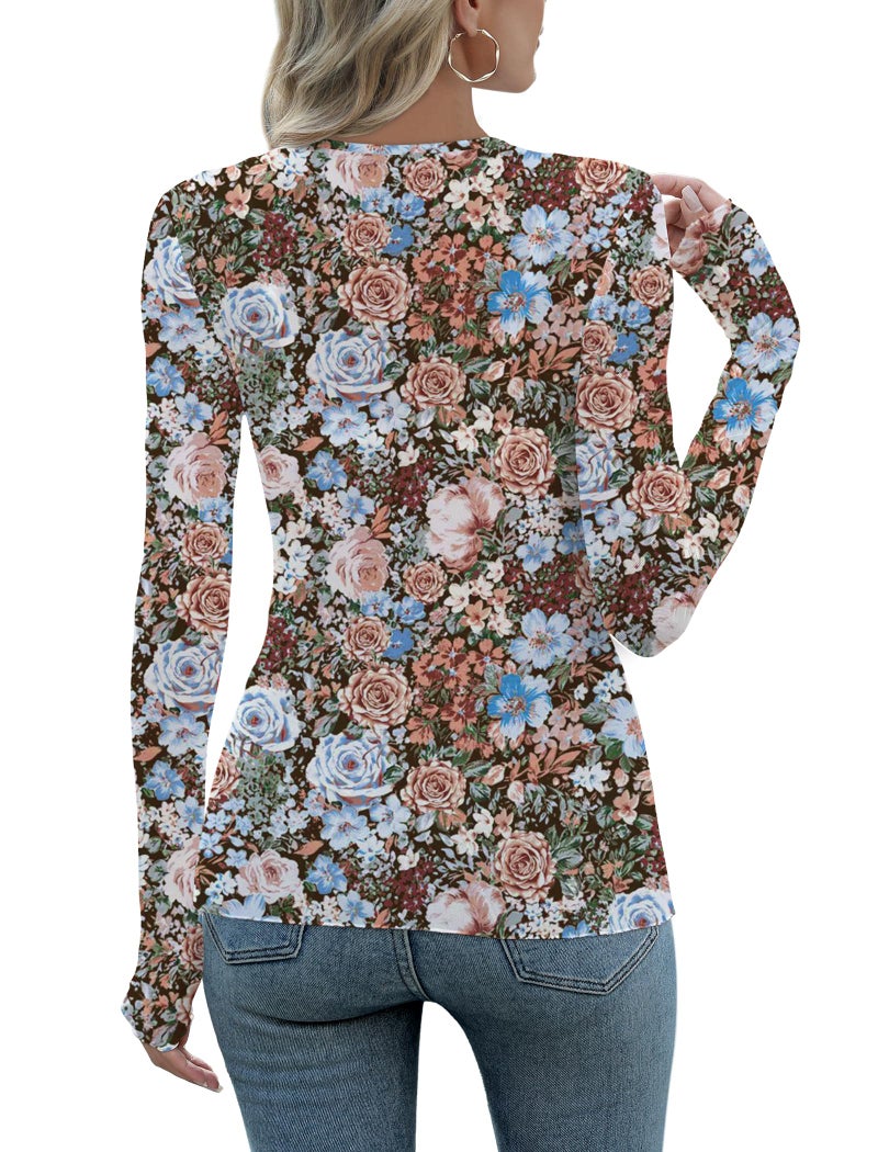 OFEEFAN Mesh Long Sleeve Tops for Women Sheer Undershirt Sexy Tops Slim Fitted Lace Shirts Trendy Crewneck Elegant Blouses Outfits Floral Print M - Image 4