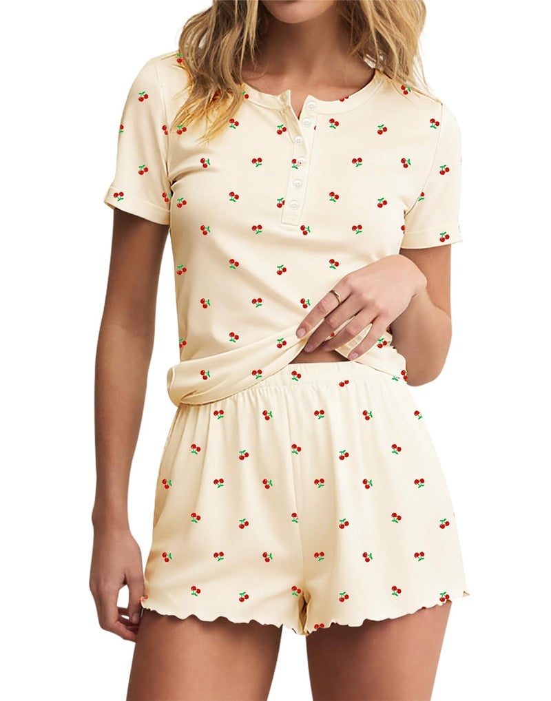 Lacozy Womens Cute Pajama Sets Y2k Cherry Print Pjs Button Shirt and Shors Summer Nightwear Sleep Wear Apricot M - Image 1