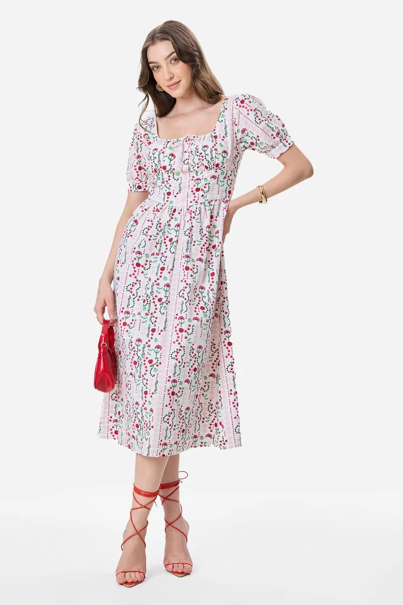 Virgio All Over Print Cotton Fit & Flare Printed Midi Dress for Women