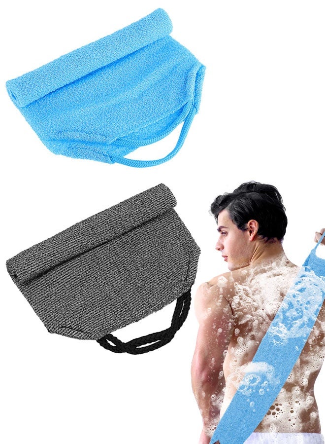 قطعتان من ليفة تقشير الظهر المصنوعة من النايلون، مناسبة للاستحمام، طويلة، قابلة للتمدد، على شكل منشفة جسم كورية مزودة بمقابض. - Image 1