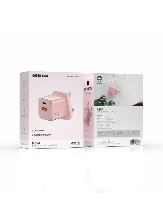 GREEN LION Reva Dual Port Wall GaN Charger PD 20W & QC 18W Fast Charging with Charging Protection & Flame Retardant PC / USB-C & USB-A Ports / PC & ABS Material - Pink - Image 2