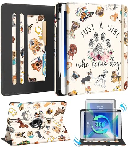 Kidcube for iPad 9th/8th/7th Generation Case 10.2 Inch - for Women Girls Kids Cute Rotating Stand Folio Cover with Pencil Holder & Card Slot Kawaii Cartoon Dogs Design for iPad 9th/8th/7th Gen Cases - Image 1