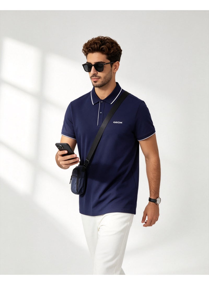 GEOX Men Contrast Trim Short Sleeve Polo Shirt Casual Daily Summer Top Navy Blue - Image 2