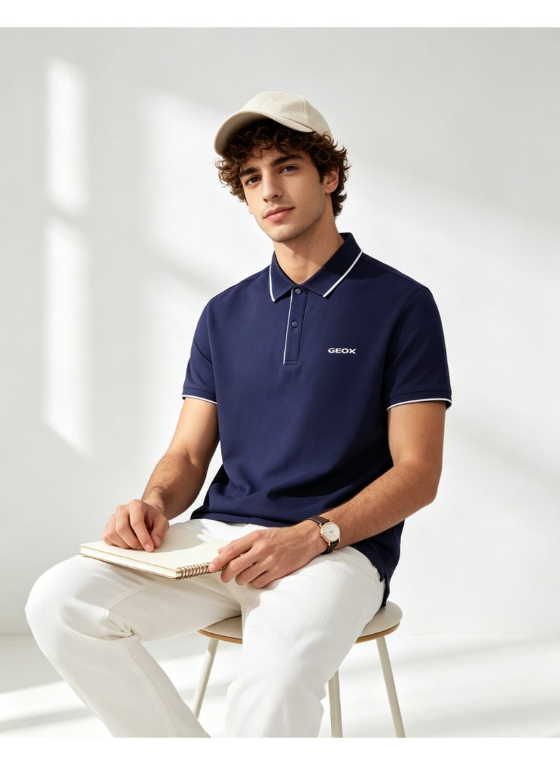 GEOX Men Contrast Trim Short Sleeve Polo Shirt Casual Daily Summer Top Navy Blue - Image 1