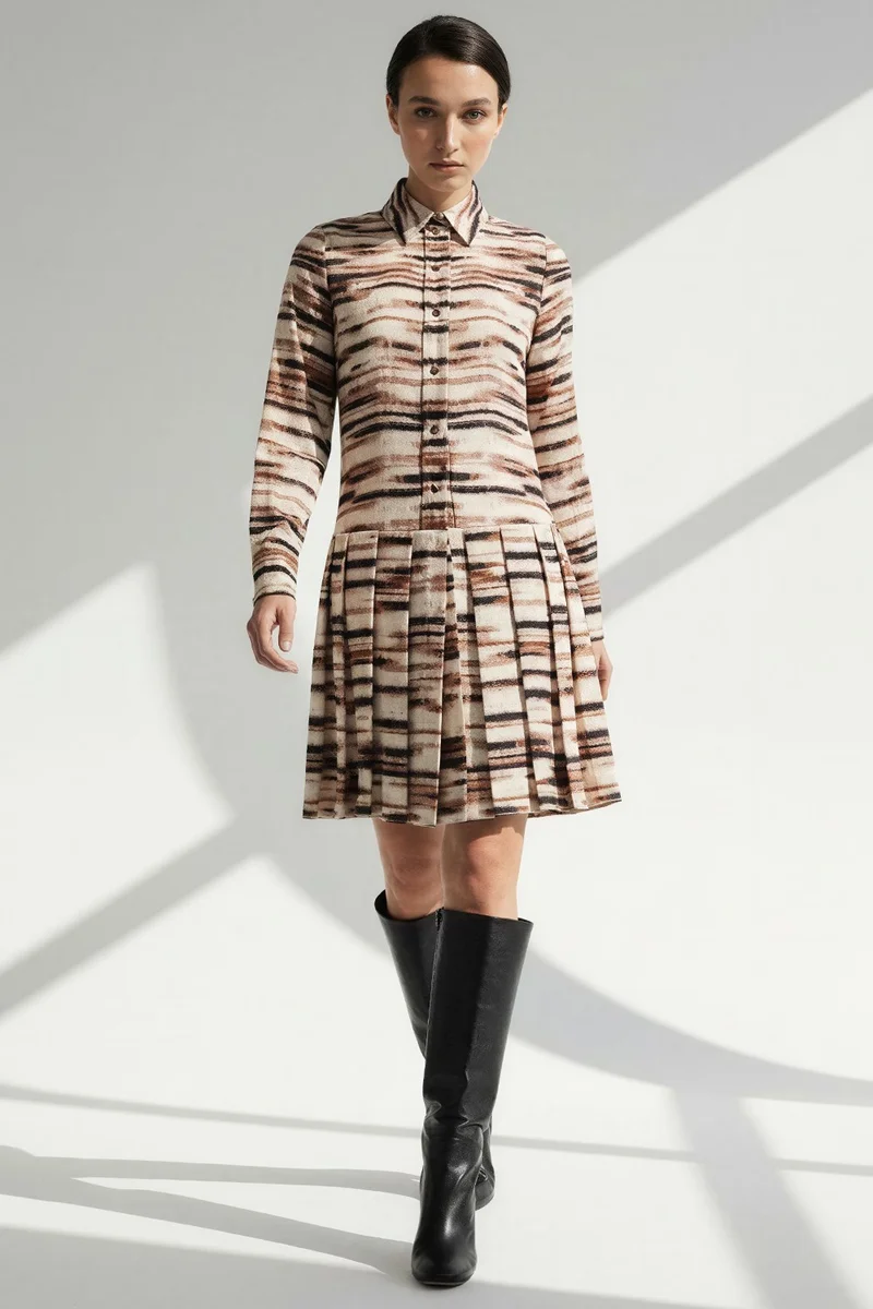 EXQUISE Patterned Shirt Collar Regular Mini Multicolored Dress