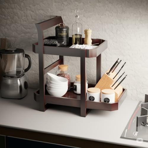 Furnelift Handcrafted Premium Wooden 2-Tier Spice Rack & Kitchen Countertop Organizer | Cabinet Storage Shelf & Home Decor Display | Solid Wood Tiered Shelf (Walnut Finish) (Classic) - Image 1