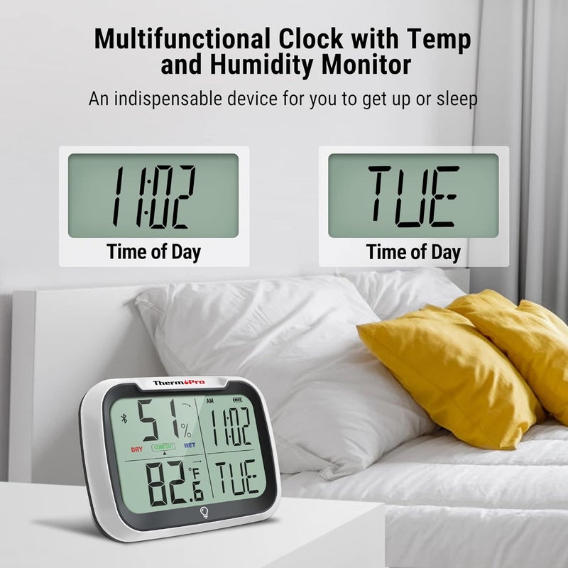 ThermoPro ThermoPro TP393 Hygrometer Indoor Thermometer for Home Bluetooth Hygrometer Thermometer Range to 260FT via Smart APP Large Rechargeable Room Thermometer Humidity Meter Displays Clock with Day - Image 5