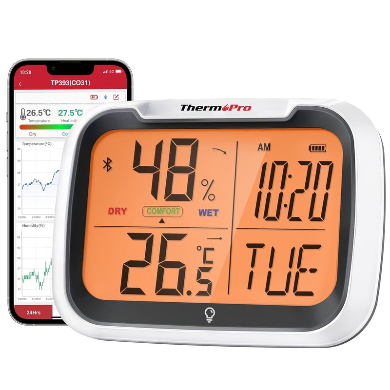 ThermoPro ThermoPro TP393 Hygrometer Indoor Thermometer for Home Bluetooth Hygrometer Thermometer Range to 260FT via Smart APP Large Rechargeable Room Thermometer Humidity Meter Displays Clock with Day - Image 1