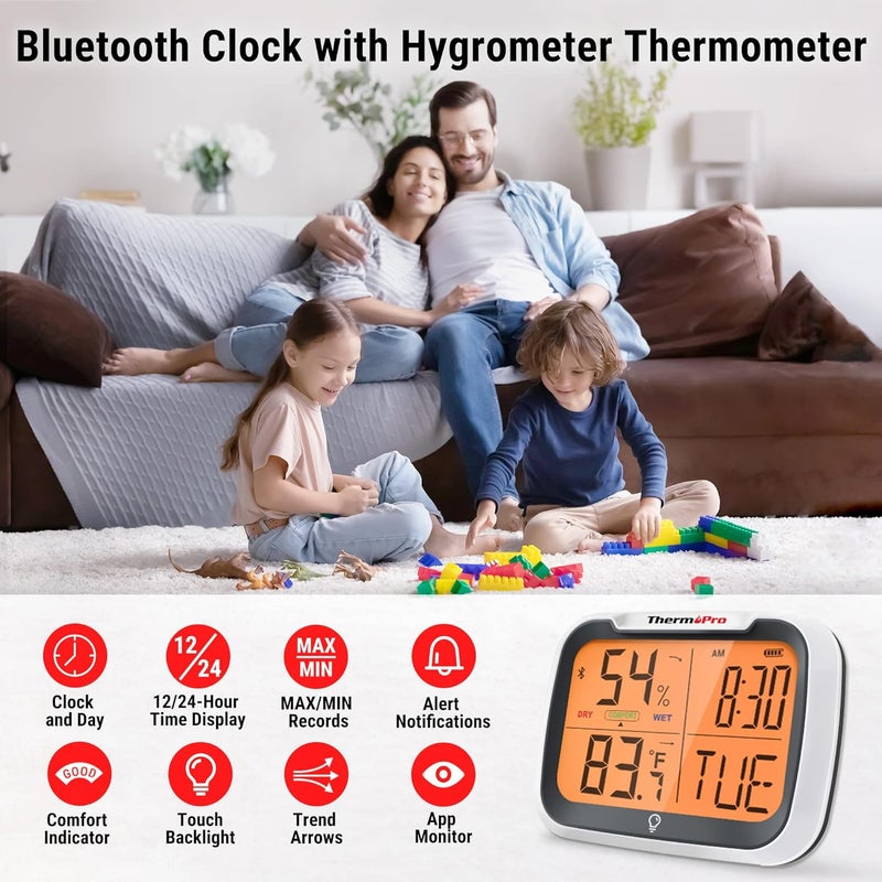 ThermoPro ThermoPro TP393 Hygrometer Indoor Thermometer for Home Bluetooth Hygrometer Thermometer Range to 260FT via Smart APP Large Rechargeable Room Thermometer Humidity Meter Displays Clock with Day - Image 2