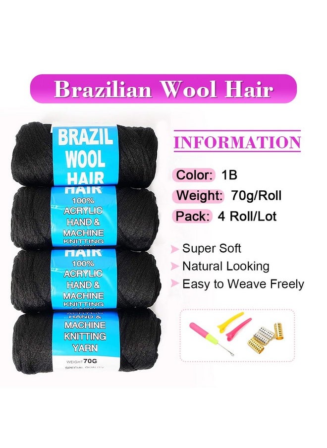 Youngther 100% Brazilian Wool Hair Acrylic Yarn For African Braidssenegalese Twistfaux Locswraps With Crochet Hook(4 Roll Natural Black)  - Image 2