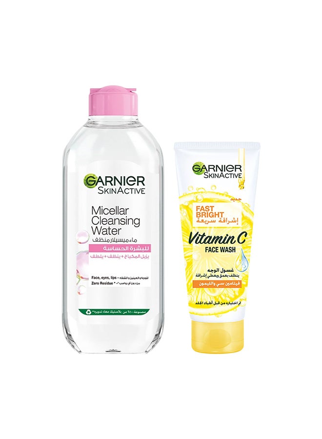 Garnier SkinActive All-in-One Micellar Cleansing Water 400ml + Fast Bright Vitamin C Face Wash 100ml - Image 1