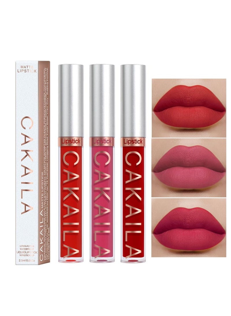 Excefore Velvet Matte Lip Gloss Lip Stick Makeup for Women, 3Pcs Matte Lipsticks Sets, Long Lasting Waterproof Non-Stick Cup Non-Drying 24 Hours (Pink, Bright Red, Dark Red) - Image 1