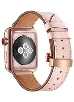PROMASS Genuine Leather and Butterfly Rose Gold Buckle Replacement Watchbands For Apple Watch Series 7/6/SE/5/4/3/2/1 38/40/41mm Pink 