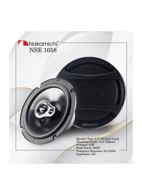 Nse1658 6.5-Inches Car Stereo 3 Way Coaxial Speaker 360 Watts Peak Power 50-21Khz Frequency Response