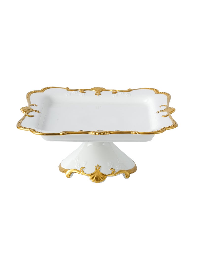 Life Smile LIFE SMILE White Cake Plate with Floral Gold Stand - Luxury Bone China Pastry & Dessert Server  - Image 1