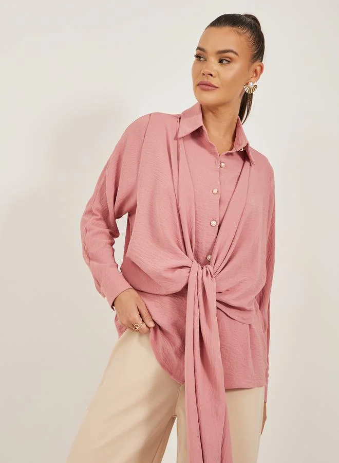 Styli Regular Fit Pearl Button Tie-Up Shirt