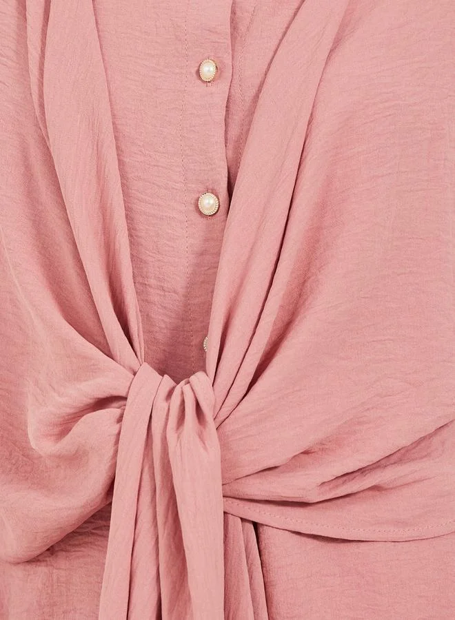 Styli Regular Fit Pearl Button Tie-Up Shirt