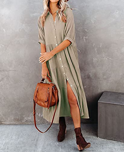 R.Vivimos Women's Summer Cotton Half Sleeves Button Down Casual Loose Slit Midi Dress with Pockets (X-Large, Khaki) - Image 2
