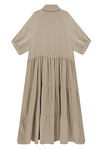 R.Vivimos Women's Summer Cotton Half Sleeves Button Down Casual Loose Slit Midi Dress with Pockets (X-Large, Khaki) - Image 5