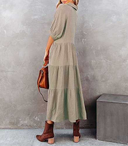 R.Vivimos Women's Summer Cotton Half Sleeves Button Down Casual Loose Slit Midi Dress with Pockets (X-Large, Khaki) - Image 3