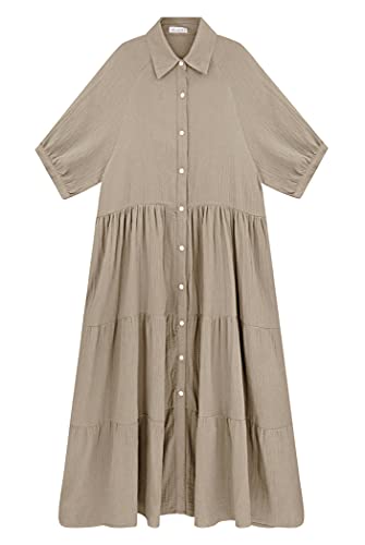 R.Vivimos Women's Summer Cotton Half Sleeves Button Down Casual Loose Slit Midi Dress with Pockets (X-Large, Khaki) - Image 4