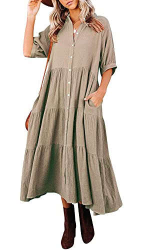 R.Vivimos Women's Summer Cotton Half Sleeves Button Down Casual Loose Slit Midi Dress with Pockets (X-Large, Khaki) - Image 1
