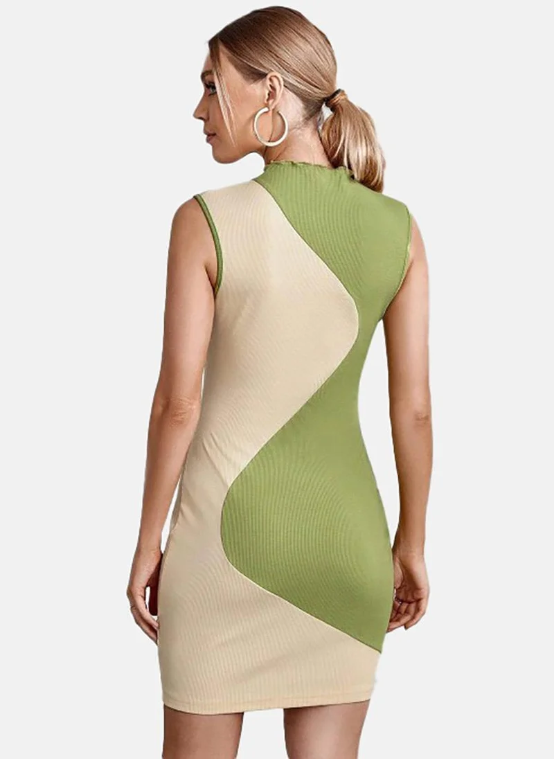 يونيكي Green Colour Blocked Sleeveless Round Neck Mini Bodycon Dress