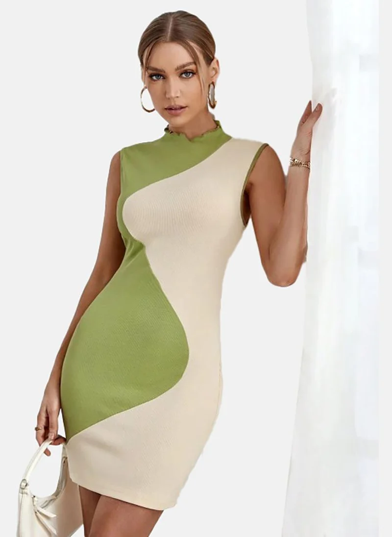 يونيكي Green Colour Blocked Sleeveless Round Neck Mini Bodycon Dress