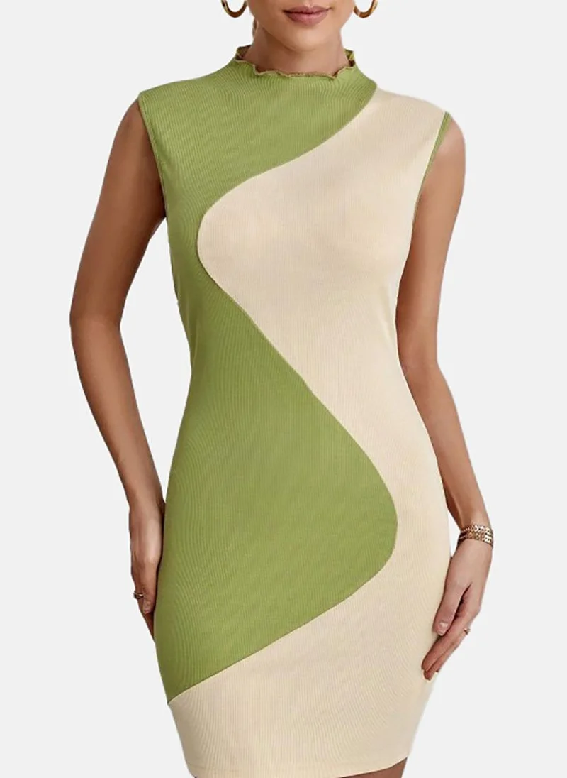 يونيكي Green Colour Blocked Sleeveless Round Neck Mini Bodycon Dress