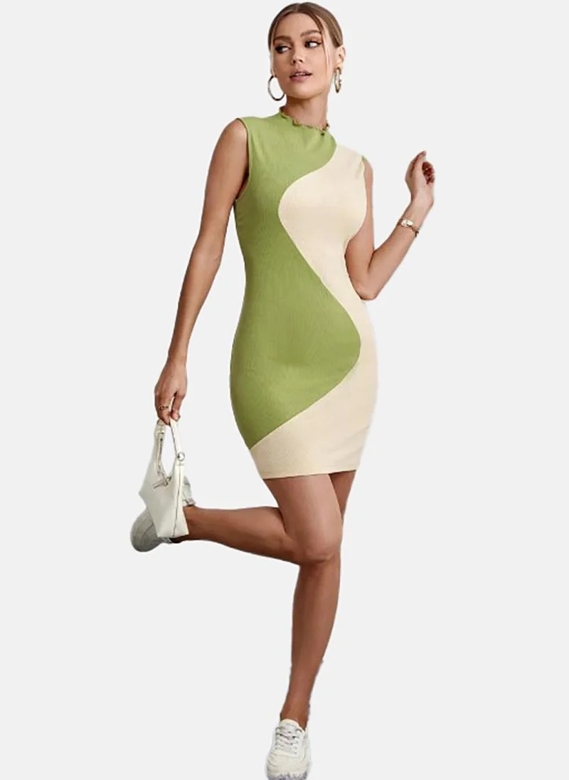 يونيكي Green Colour Blocked Sleeveless Round Neck Mini Bodycon Dress