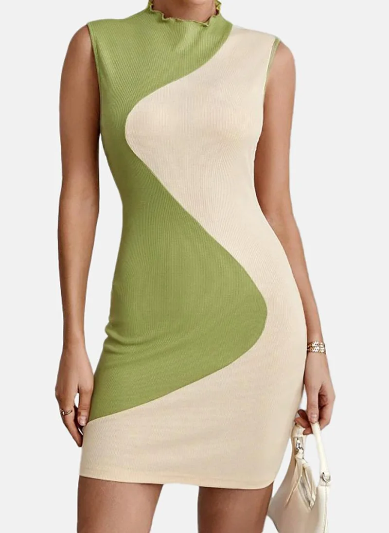 يونيكي Green Colour Blocked Sleeveless Round Neck Mini Bodycon Dress