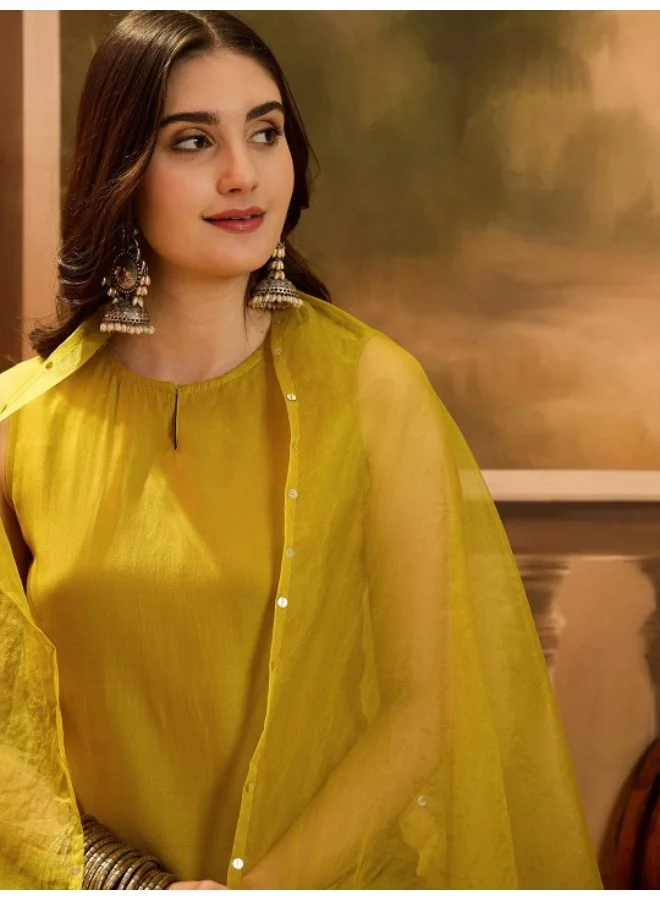 AKS Mustard Sleevessless Kurta Sharara With Organza Sequinned Dupatta