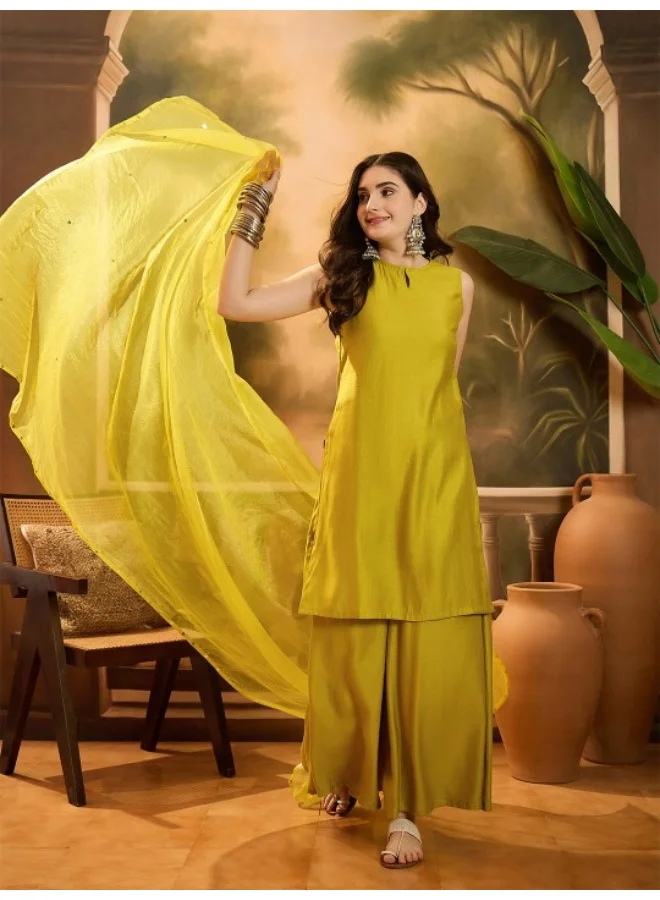 AKS Mustard Sleevessless Kurta Sharara With Organza Sequinned Dupatta