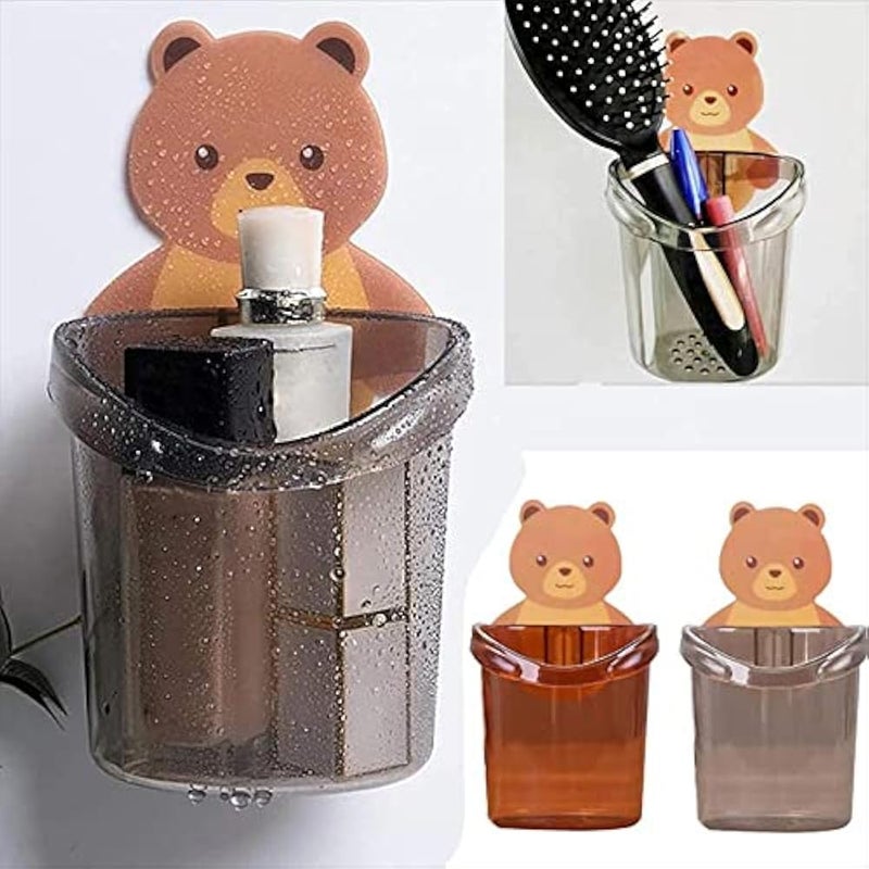SMMeStore Teddy Bear Toothbrush Holder for Bathroom, Tooth Paste Brush Stand for Wash Basin, Wall-Mounted Clear Toothbrush Holder for Kids (Multi Colour) - Pack of 1 - Image 1