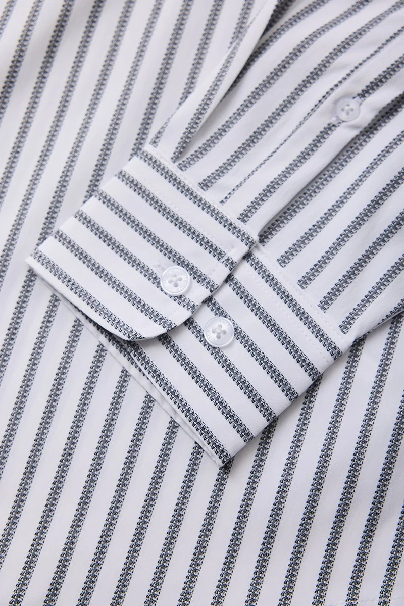SNITCH White Striped Long Sleeve Slim Fit Formal Luxe Shirt