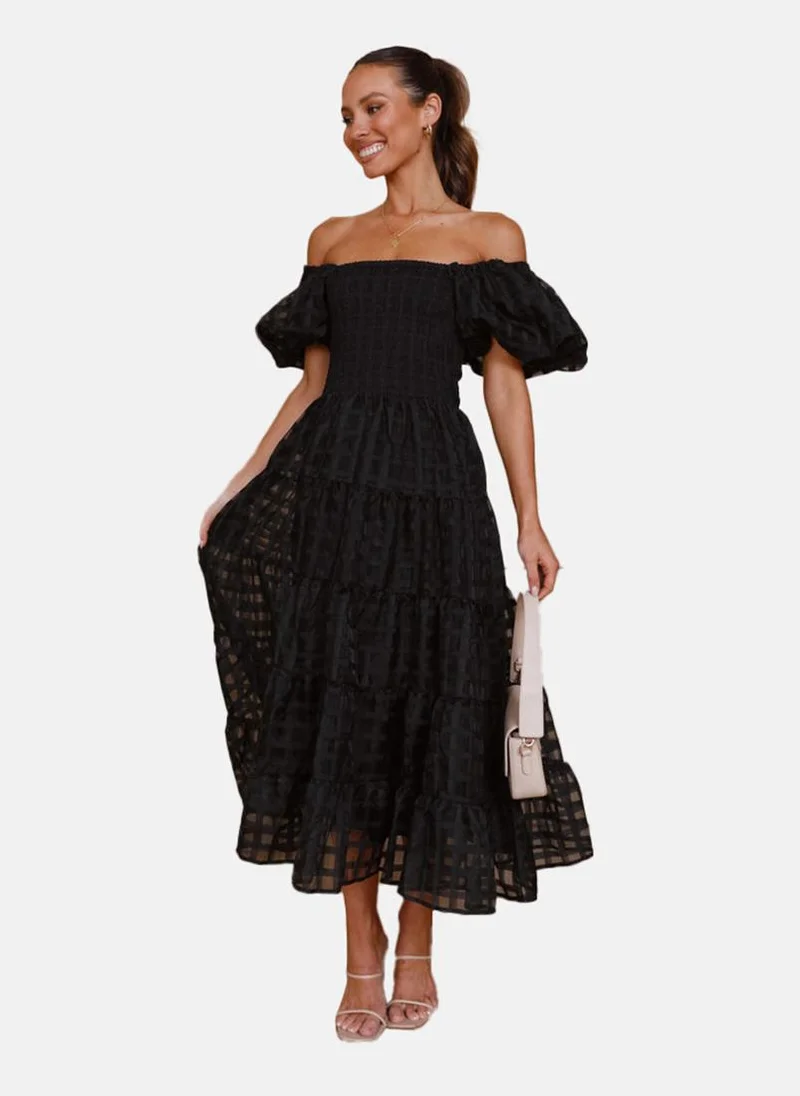 YUNIQEE Black Off-Shoulder Self Design Fit & Flared Dress