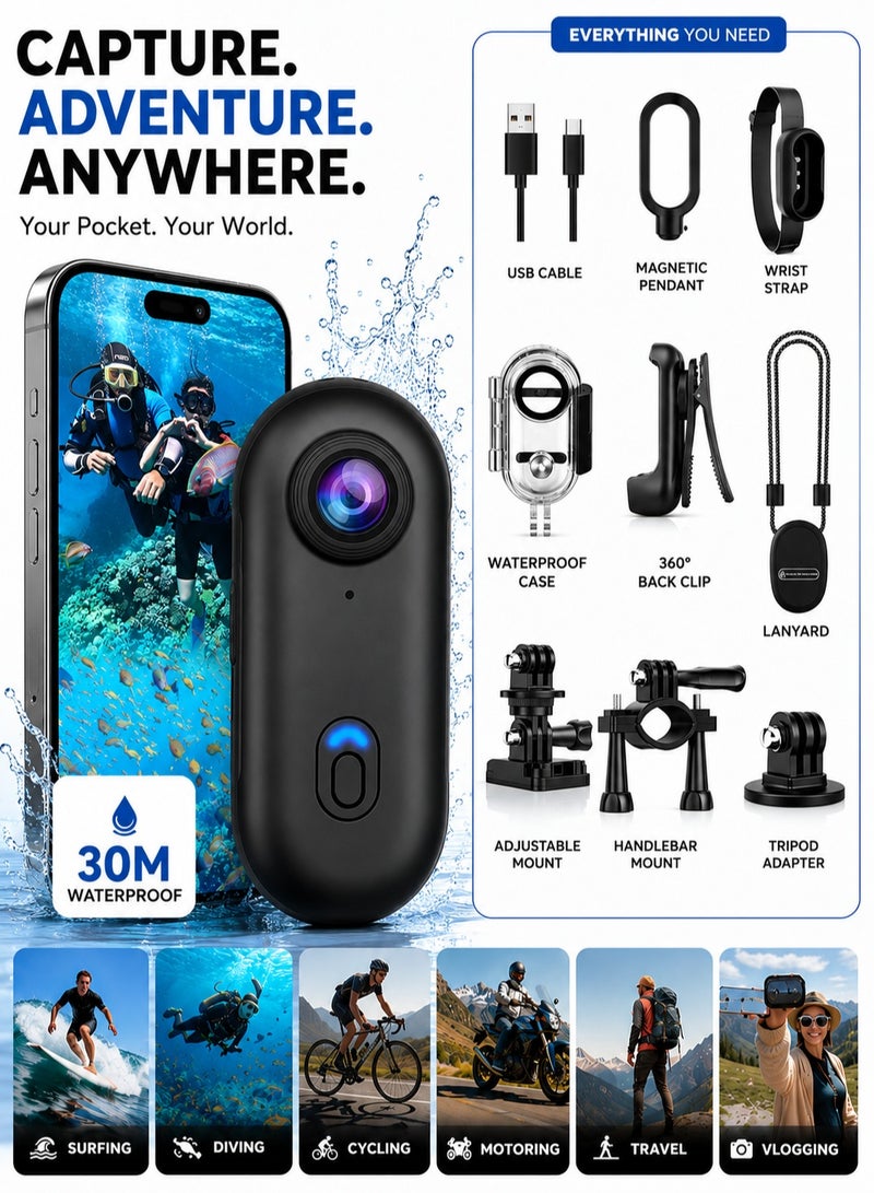 واي جيه Jaexest كاميرا أكشن صغيرة 4K مقاومة للماء IPX7 مع تصوير POV بدون استخدام اليدين، كاميرا خوذة للدراجات النارية والهوائية، كاميرا فلوق تحت الماء مع بطاقة 32 جيجابايت - Image 1