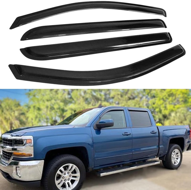 TONOYTIM Tape On Window Visors Rain Guards for 2014-2018 Chevrolet Silverado & GMC Sierra 1500, 2015-2019 2500HD 3500HD Crew Cab,4PCS Smoke Side Vent Window Deflectors Vent Guard Shade Sun Visor - Image 1
