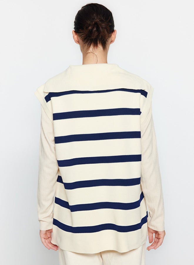 trendyol Ecru Sailor Neck Striped Knitwear Sweater - Image 5