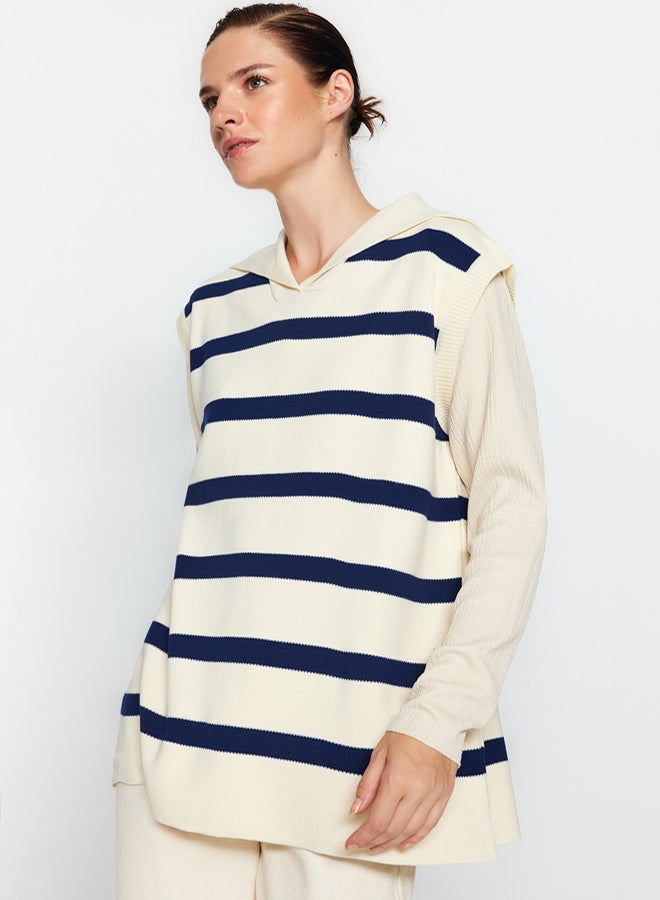 trendyol Ecru Sailor Neck Striped Knitwear Sweater - Image 1