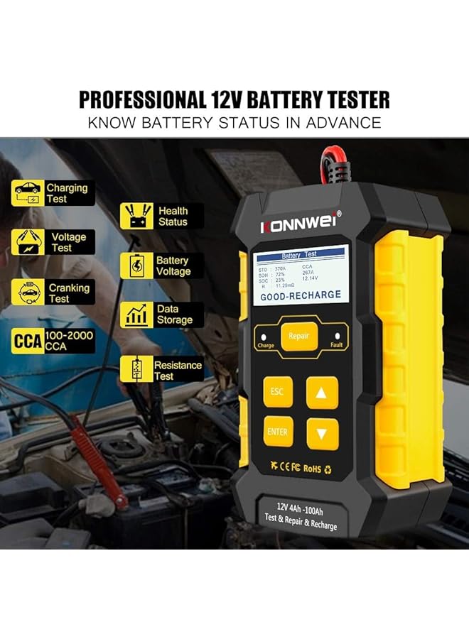 كونوي شاحن بطارية سيارة 3 في 1، جهاز اختبار بطارية السيارة، شاحن ذكي أوتوماتيكي بالكامل 12 فولت 5 أمبير، صيانة إصلاح نبضات السيارات، شاحن بطيء، مزيل كبريتات البطارية مع تعويض درجة الحرارة، جل حمض الرصاص الجاف الرطب AGM - Image 3