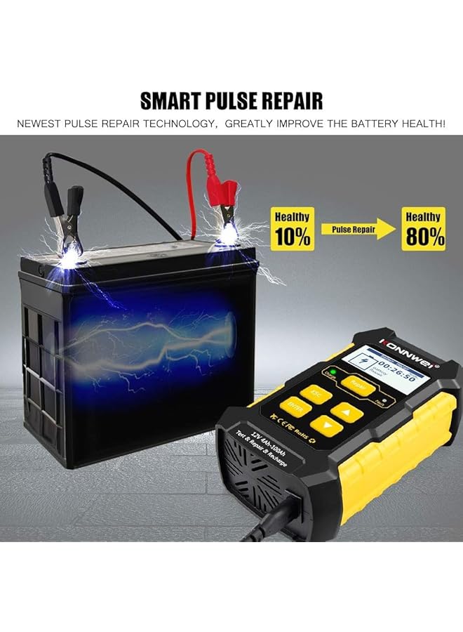 كونوي شاحن بطارية سيارة 3 في 1، جهاز اختبار بطارية السيارة، شاحن ذكي أوتوماتيكي بالكامل 12 فولت 5 أمبير، صيانة إصلاح نبضات السيارات، شاحن بطيء، مزيل كبريتات البطارية مع تعويض درجة الحرارة، جل حمض الرصاص الجاف الرطب AGM - Image 5